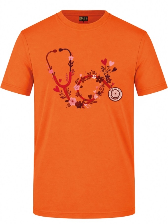 Blumen-Stethoskop Bedrucktes Kurzarm T-Shirt in Orange (100% Baumwoll-Jersey)