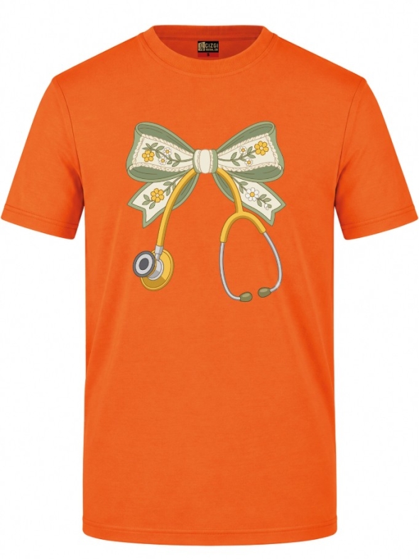 Floral Bow and Stethoscope Printed Short Sleeve Orange T-Shirt (100% Cotton Jersey Fabric)