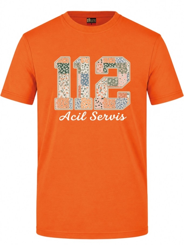 Floral 112 Emergency Service Printed Short Sleeve Orange T-Shirt (100% Cotton Jersey Fabric)