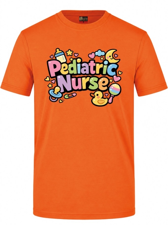 Pädiatrie-Krankenschwester Bedrucktes Kurzarm T-Shirt in Orange (100% Baumwoll-Jersey)