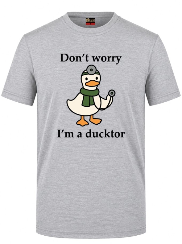 Футболка с коротким рукавом серо-меланжевого цвета с принтом Ducktor (100% хлопковая трикотажная ткань)