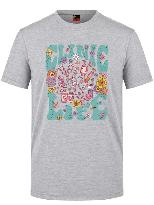 Clinic Life Printed Short Sleeve Grey Melange T-Shirt (100% Cotton Jersey Fabric)