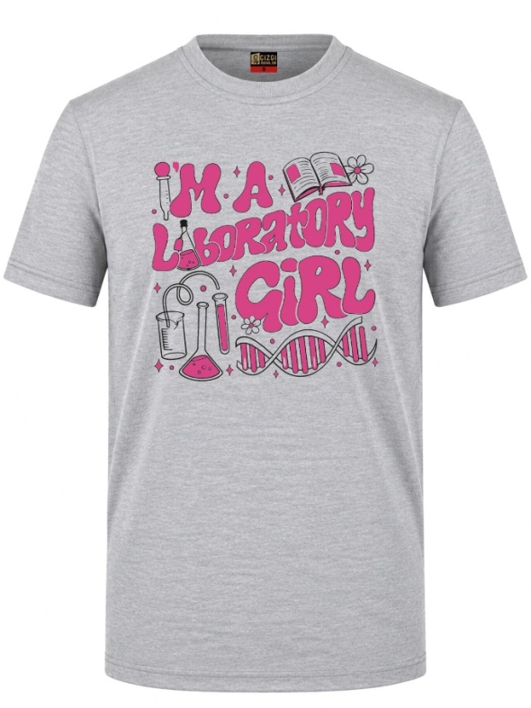 Laboratory Girl Baskılı Kısa Kol Gri Melanj Tişört (%100 Pamuk Penye Kumaş)