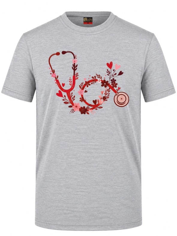 Blumen-Stethoskop Bedrucktes Kurzarm T-Shirt in Grau meliert (100% Baumwoll-Jersey)