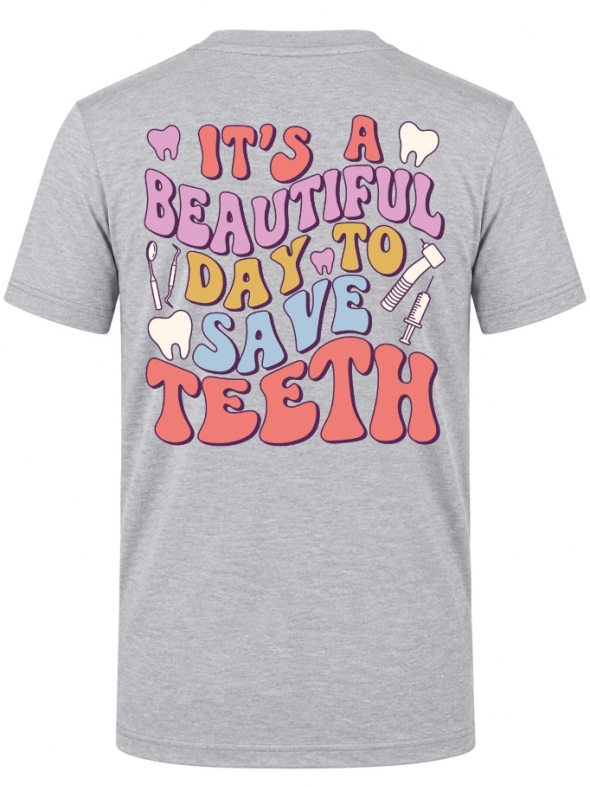 Save Teeth Baskılı Kısa Kol Gri Melanj Tişört (%100 Pamuk Penye Kumaş)