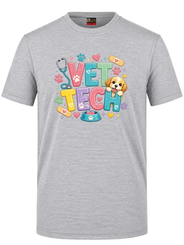 Cute Veterinarian Printed Short Sleeve Grey Melange T-Shirt (100% Cotton Jersey Fabric)