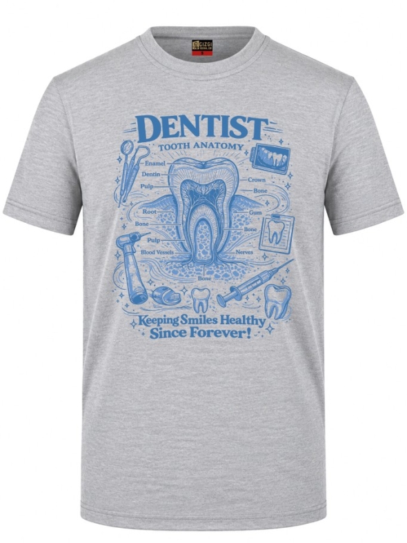 Vintage Diş Anatomisi Baskılı Kısa Kol Gri Melanj Tişört (%100 Pamuk Penye Kumaş)