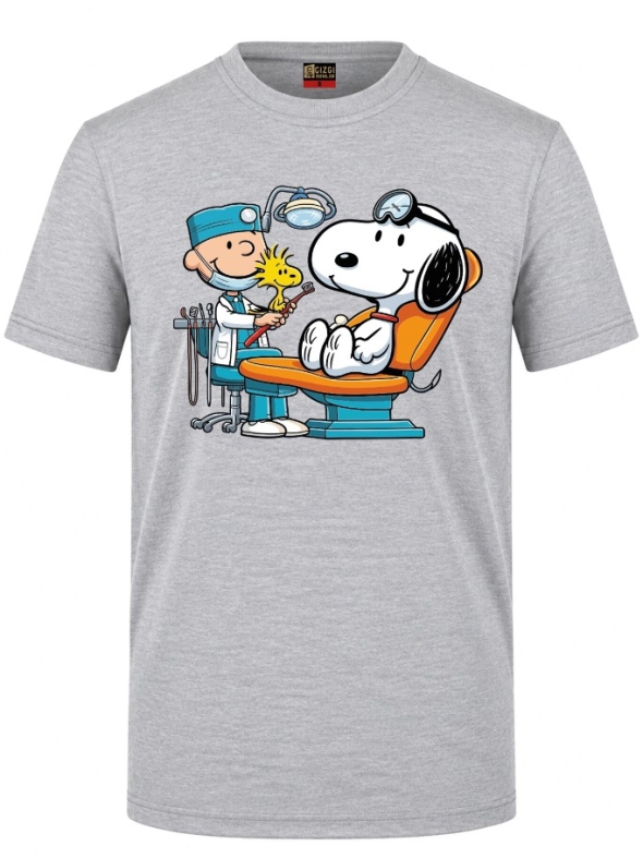 Sevimli Diş Hekimi Karikatür Baskılı Kısa Kol Gri Melanj Tişört (%100 Pamuk Penye Kumaş)