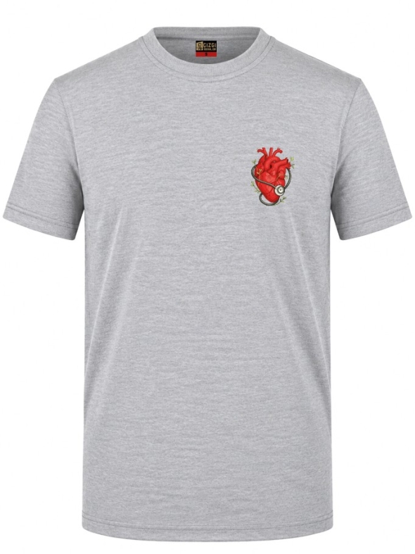 Anatomical Heart and Stethoscope Printed Short Sleeve Grey Melange T-Shirt (100% Cotton Jersey Fabric)