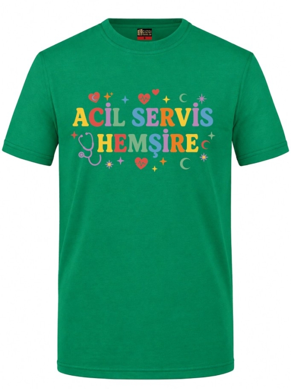Acil Servis Hemşire Baskılı Kısa Kol Brezilya Yeşili Tişört (%100 Pamuk Penye Kumaş)
