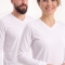 Weißes Langarm-T-Shirt mit V-Ausschnitt aus 100 % Baumwoll-Jersey